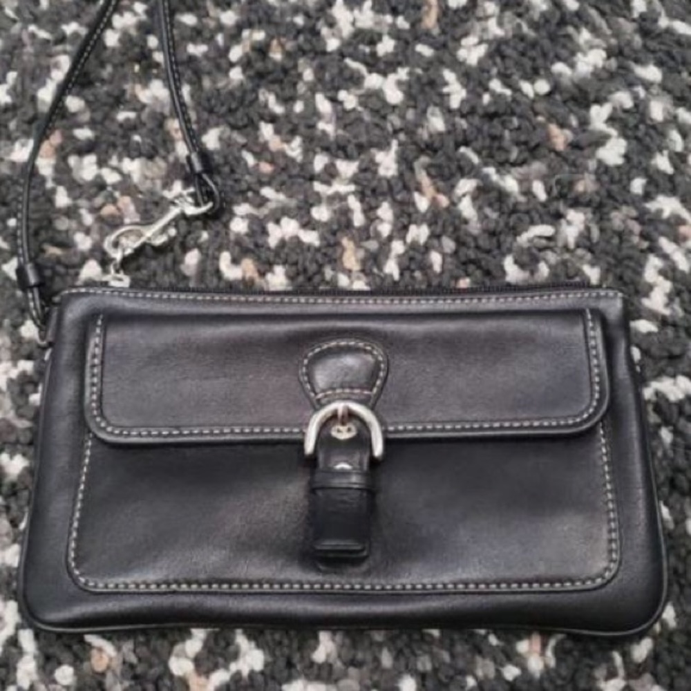 Coach Black Leather + Silver Hardware Wristlet